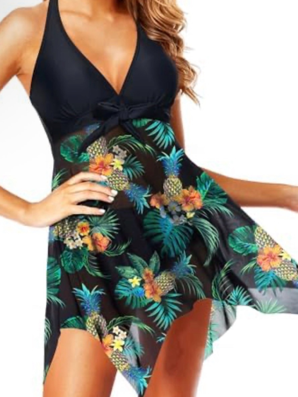Halter Swim Dress with Tropical Pineapple Print - Black & Multicolor
